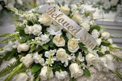 White Casket Spray with Custom Ribbon Message