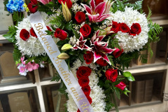 Red and White Cross Standing Wreath with Custom Ribbon Message